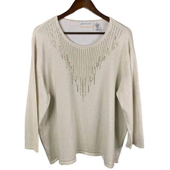 Alfred Dunner Tunic Sweater 3X Ivory w/ Gold Rhinestones Long Sleeve Round Neck - Picture 1 of 8